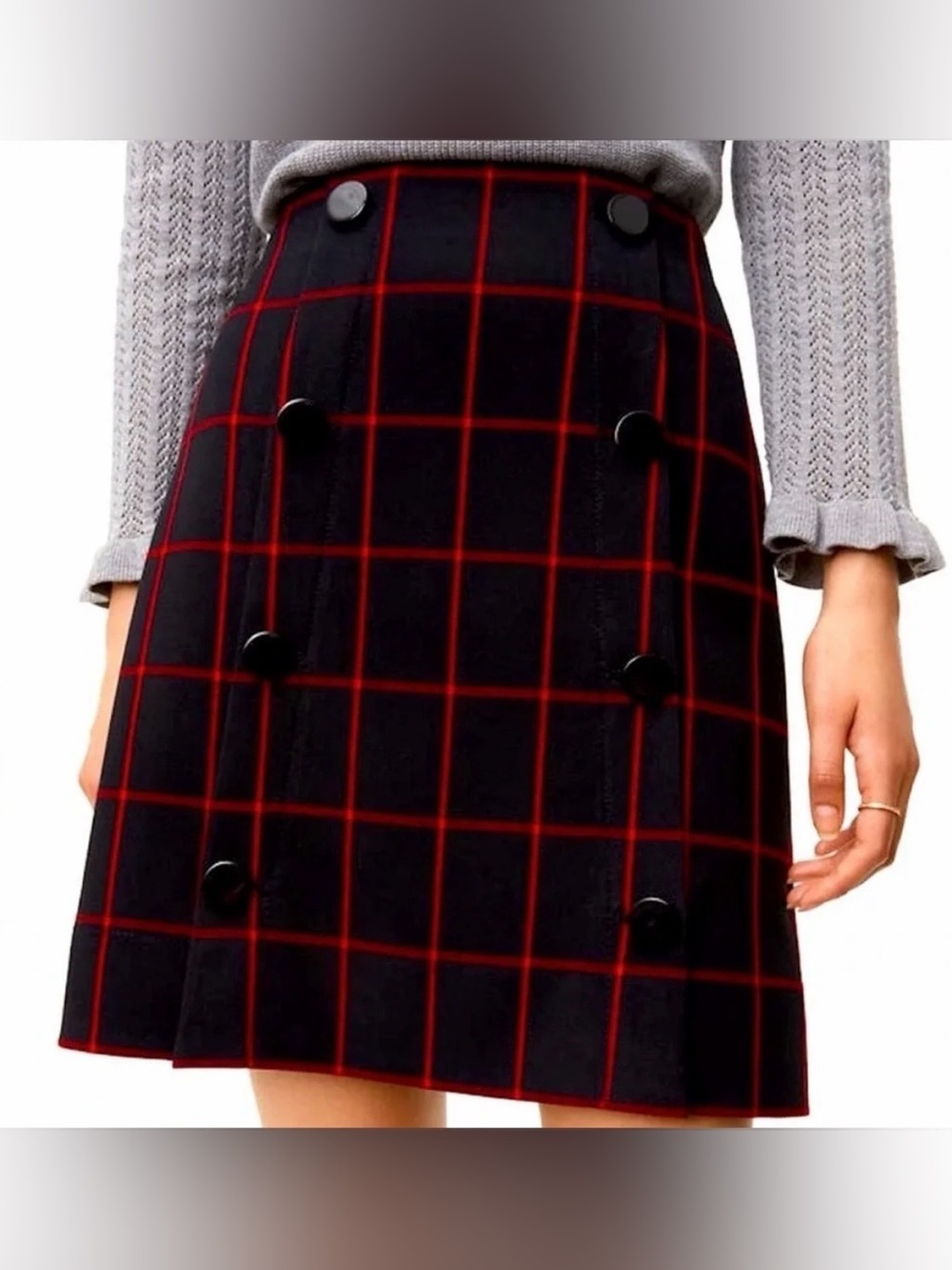 Loft Black & Red Grid A-Line Skirt